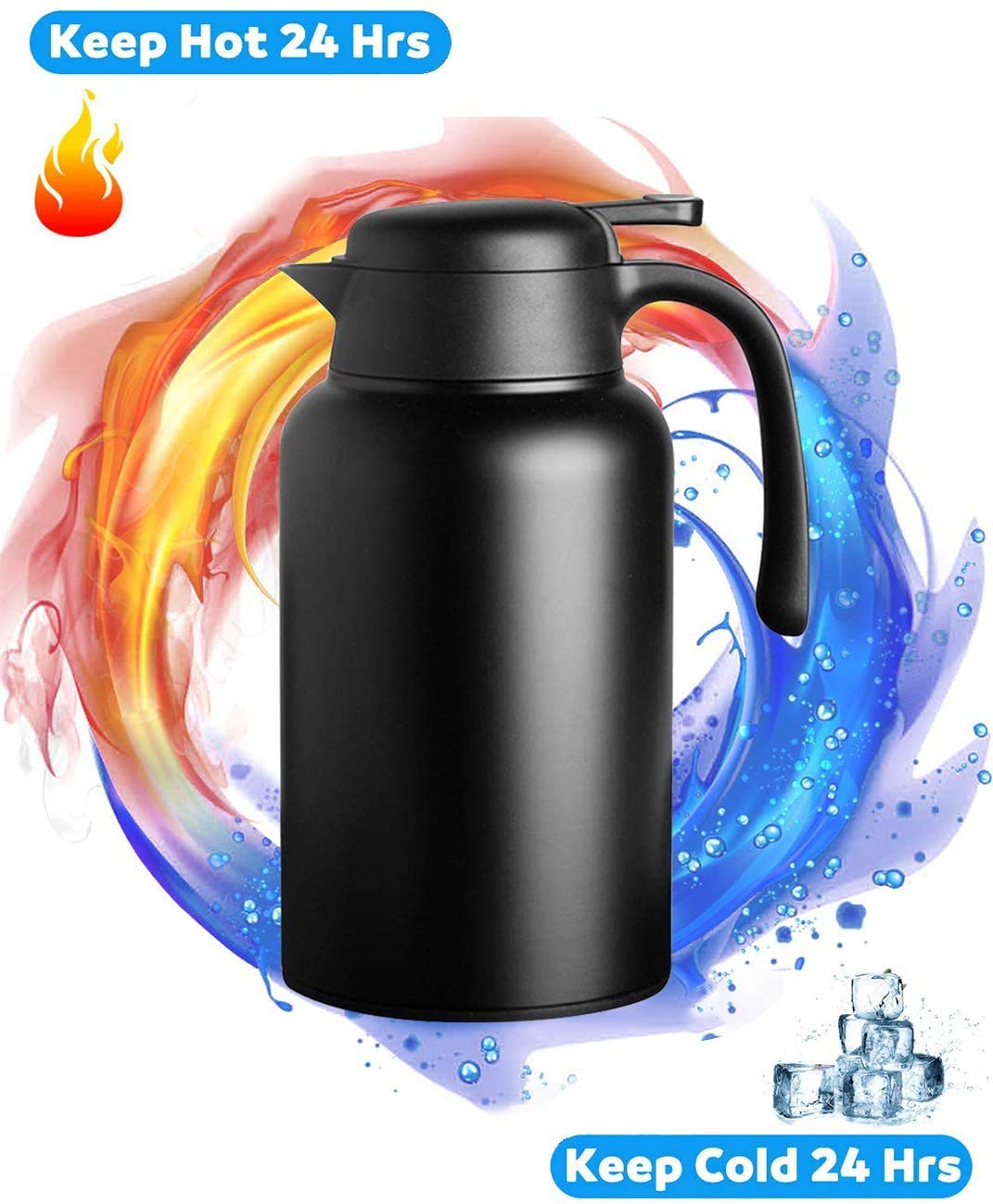 Luvan Thermoskanne, 2 l, Thermokaraffe aus Edelstahl, Warmhaltefunktion, kalt, 24 Stunden (schwarz)