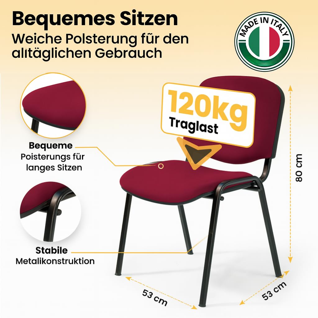 Topsit 8er-Set Stapelbare Besucherstühle Bordeaux ohne Armlehnen, Metallgestell für Büro, Rezeption und Konferenz