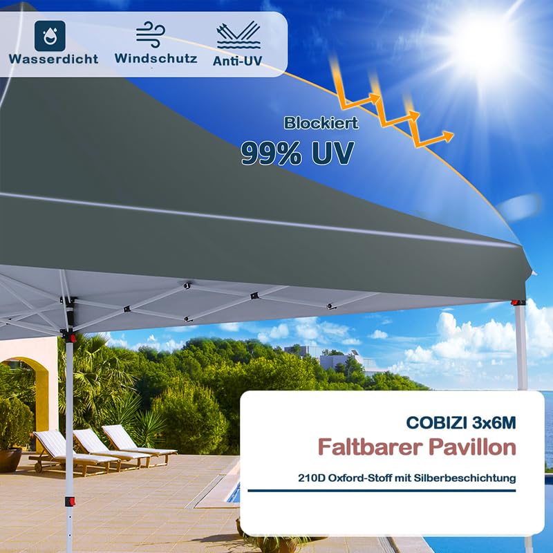 COBIZI Faltpavillon 3X6m Wasserdicht Stabil Pavillon 3x6m, Partyzelt Faltbar Anti-UV mit 6 Seitenwänden, Gartenpavillon für Hochzeiten, Freien, Garten