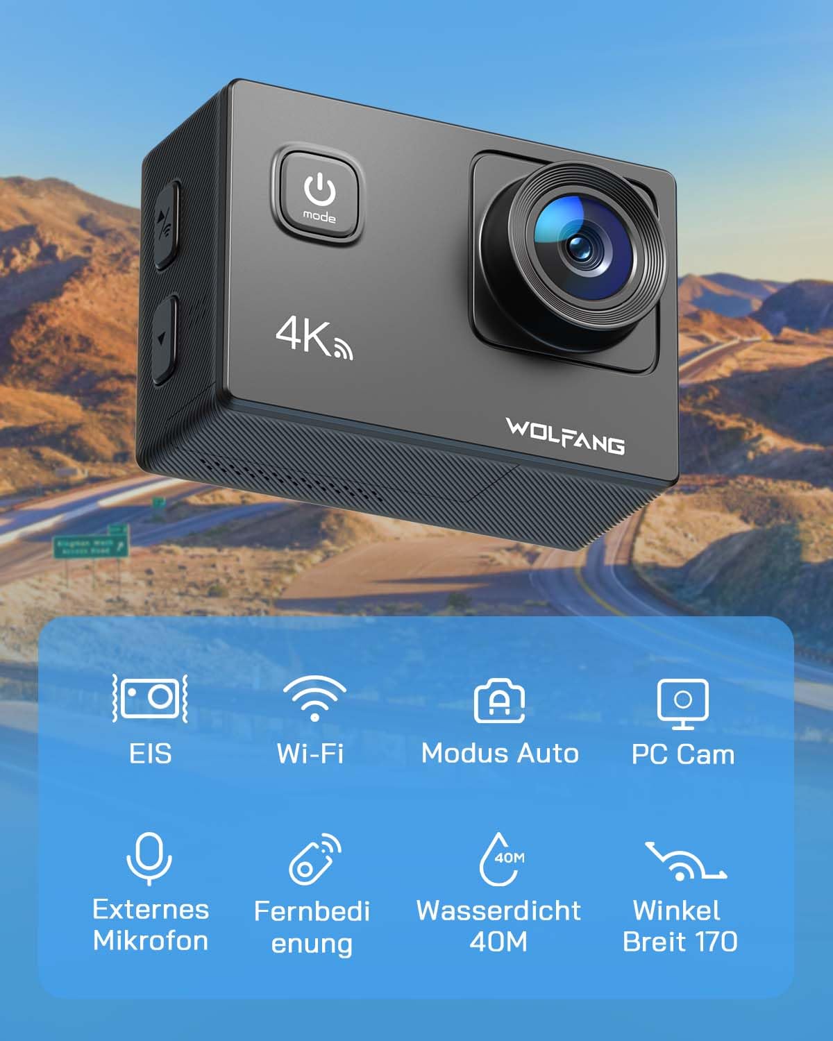 WOLFANG GA100 Action Cam 4K 20MP Unterwasserkamera WiFi 40M wasserdichte EIS Bildstabilisator Helmkamera 170°Weitwinkel Camcorder (Externem Mikrofon, 2.4G Fernbedienung, 2 Akkus und Zubehör Kit)