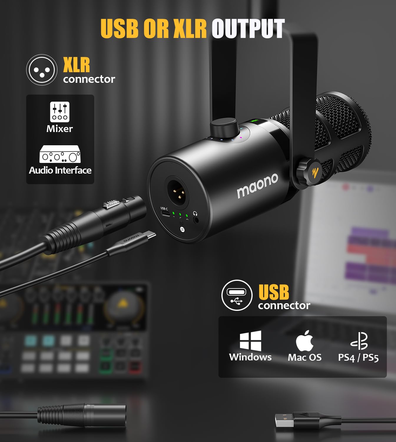 MAONO Dynamisches Mikrofon, USB/XLR-Podcast-PC-Mikrofon mit Software, EQ, Tap-to-Mute, Gain-Regler und Lautstärkeregler, Studiomikrofon für Rundfunk, Aufnahme, Streaming und Gaming (PD400X)