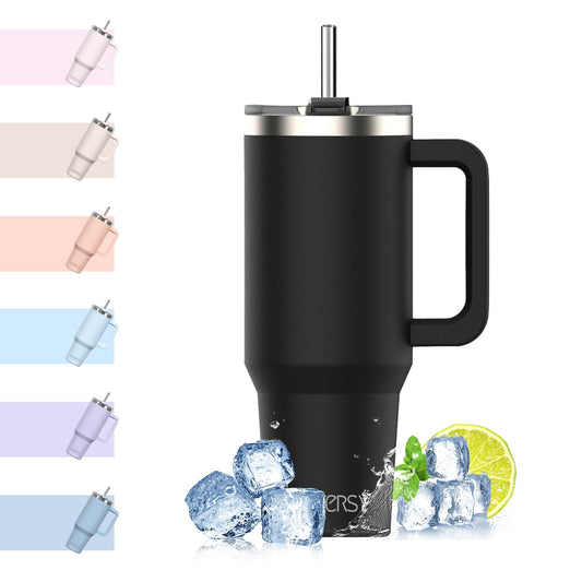 WATERSY 40oz Kaffeebecher to Go Thermobecher Doppelwandiger Edelstahl Vakuum Auslaufsicher Trinkbecher mit Griff und Strohhalm Thermo Tumbler Schwarz
