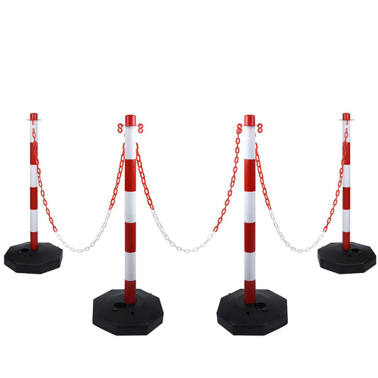 UISEBRT 4 Stück Absperrpfosten Kettenpfosten aus Kunststoff mit 4 Absperrketten von 140cm, Sperrpfosten mit Standfuß 82 x 28 x 28cm, für Verkehrskontrolle Warnung, Rot und Weiß