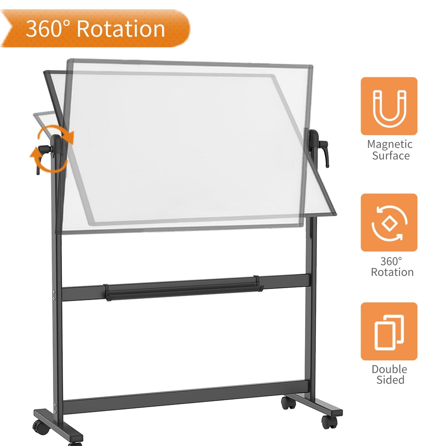 VIZ-PRO Doppelseitiges Magnetisches Mobiles Whiteboard, 120 x 90 cm, Schwarzer Aluminiumrahmen und Ständer