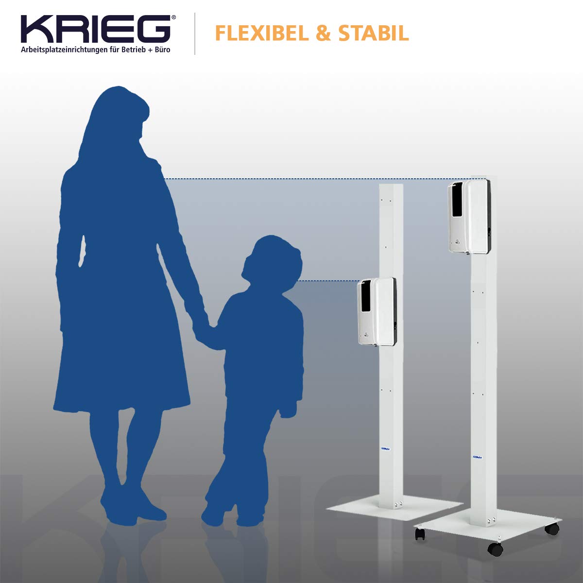 KRIEG Desinfektionssäule mit Sensor I Grau I Kontaktlos Hygienestation 1000 ml - 333 Sprühstöße I Desinfektionsstation freistehend, stabil, höhenverstellbar, automatisch I Hygienesäule Ready to go