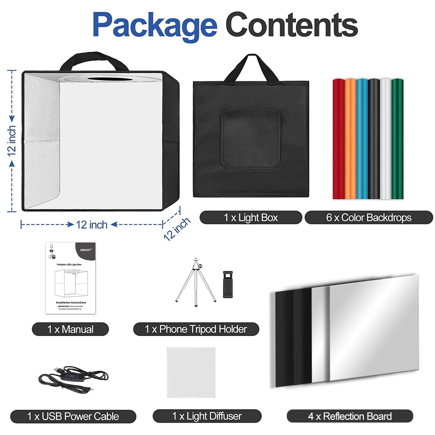 EMART Fotostudio Lichtbox, 30x30x30 cm Fotobox zum Fotografieren, Foto Studio Set 120 LED-Licht und 6 Wasserdichten Hintergründen für Produktfotografie, Schmuck und kleine Gegenstände