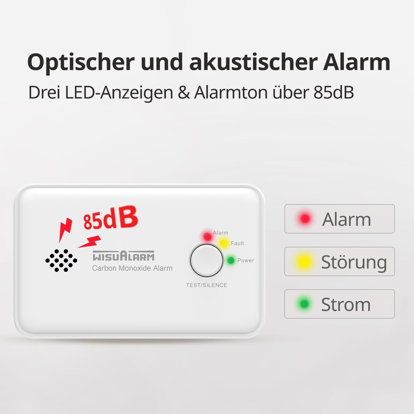 Wisualarm Kohlenmonoxid Melder, CO Melder 10 Jahre Batterie, CO Warner Zertifiziert durch TÜV nach EN50291