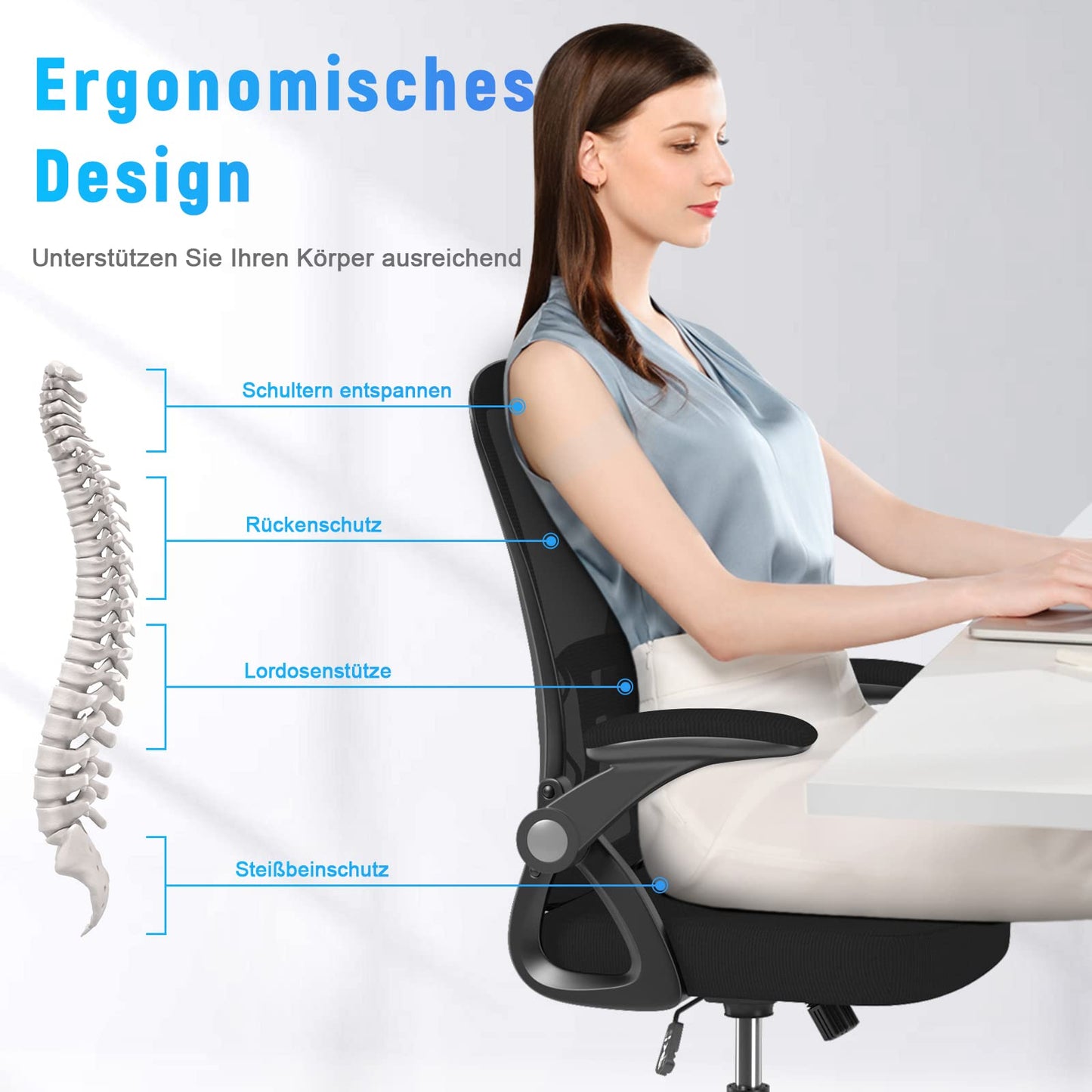 naspaluro Bürostuhl mit Verstellbaren Armlehnen, Ergonomischer Schreibtischstuhl mit Netzbespannung, Lordosenstütze, Höhenverstellbarer, Gepolstertem Sitzkissen, 360° Drehstuhl, Schwarz