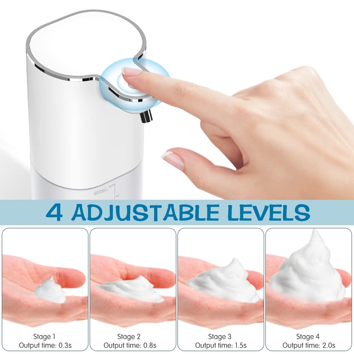 AIBISTAR Seifenspender Automatisch Wandbefestigung, 400 ML Induktiver Berührungsloser Flüssigkeitsspender, 4 Gänge Einstellbare Schalter, IPX5 Wasserdicht,Geeignet für Küche,Bad und Hotel