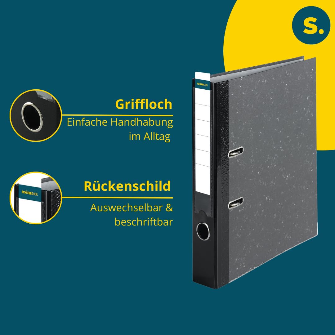 SCHÄFER SHOP Ordner DIN A4 breit – 5 cm Ordnerrücken mit Einsteckrückenschild - Ringbuch Aktenordner Büroordner - Made in Germany - Wolkenmarmor schwarz, 10er Pack