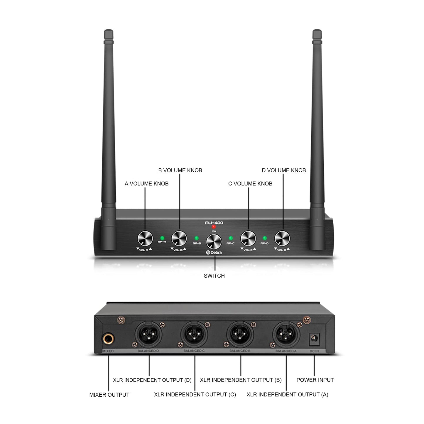 D Debra Wireless Microphone,AU400 UHF Funkmikrofonen System mit Bodypack Transmitter/Headset Funkmikrofon/Lavalier Ansteckmikrofonen für Gesang, Karaoke（4 Bodypack (B)）