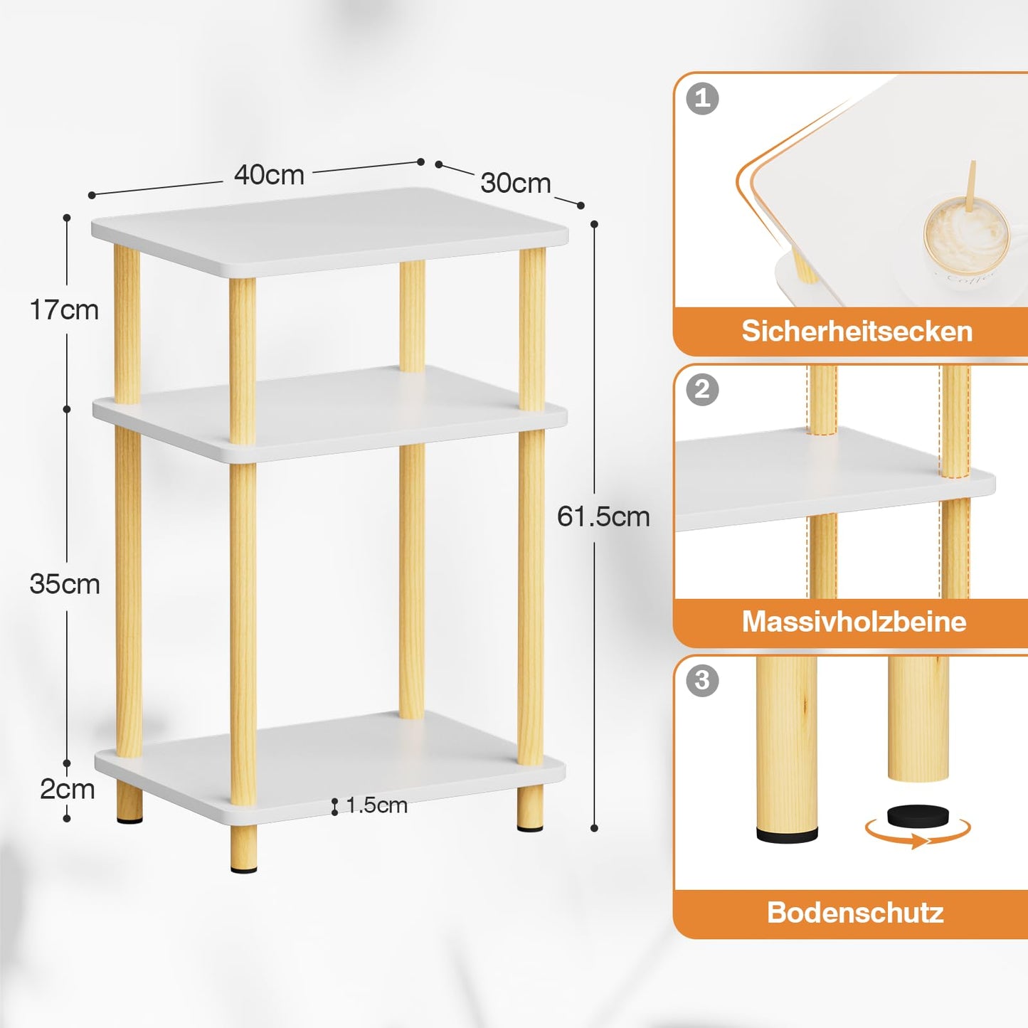 APICIZON 3 Tier Beistelltisch Schmal, Nachttisch Holz, Tisch Klein, Kleiner Beistelltisch fürs Wohnzimmer, Schlafzimmer, Balkon, Arbeitszimmer, Natur&Weiss