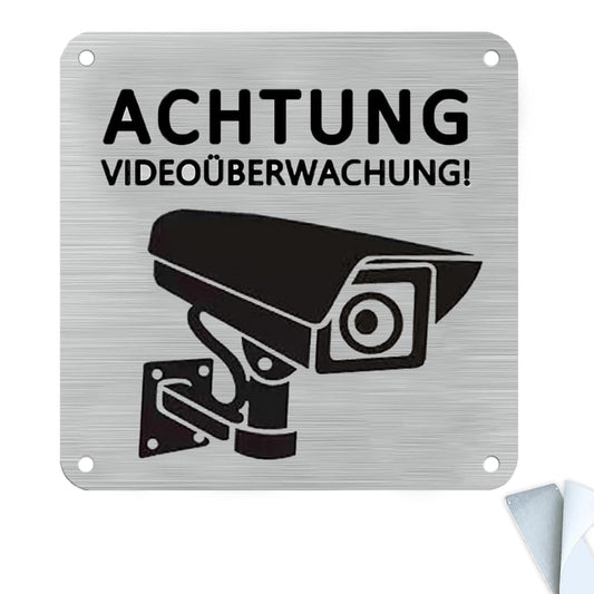 1 Stück Achtung Videoüberwachung Schild Privatgrundstück, 15x15cm Aluminium Schilder Kameraüberwachung, mit Selbstklebend und 4 Bohrlöcher, Kamera Überwachung, Warnschild