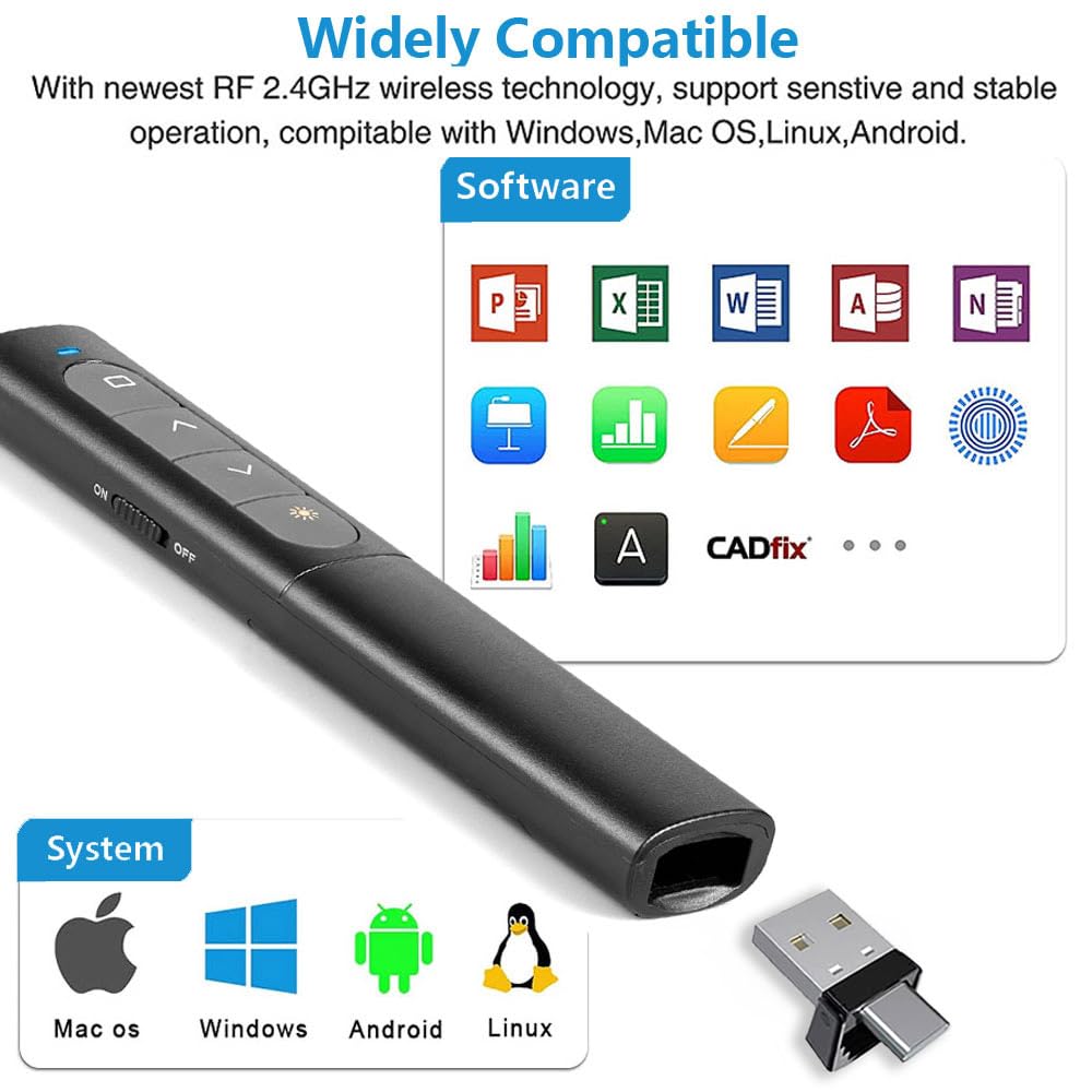 USB/Type-C 2-in-1 Wireless Presenter Aufla-dbarmit Hyperlink Lautstärkeregler, 2.4Ghz Powerpoint Fernbedienung Pointer für Präsentationen Klicker, Kabelloser Präsenter für Mac Laptop