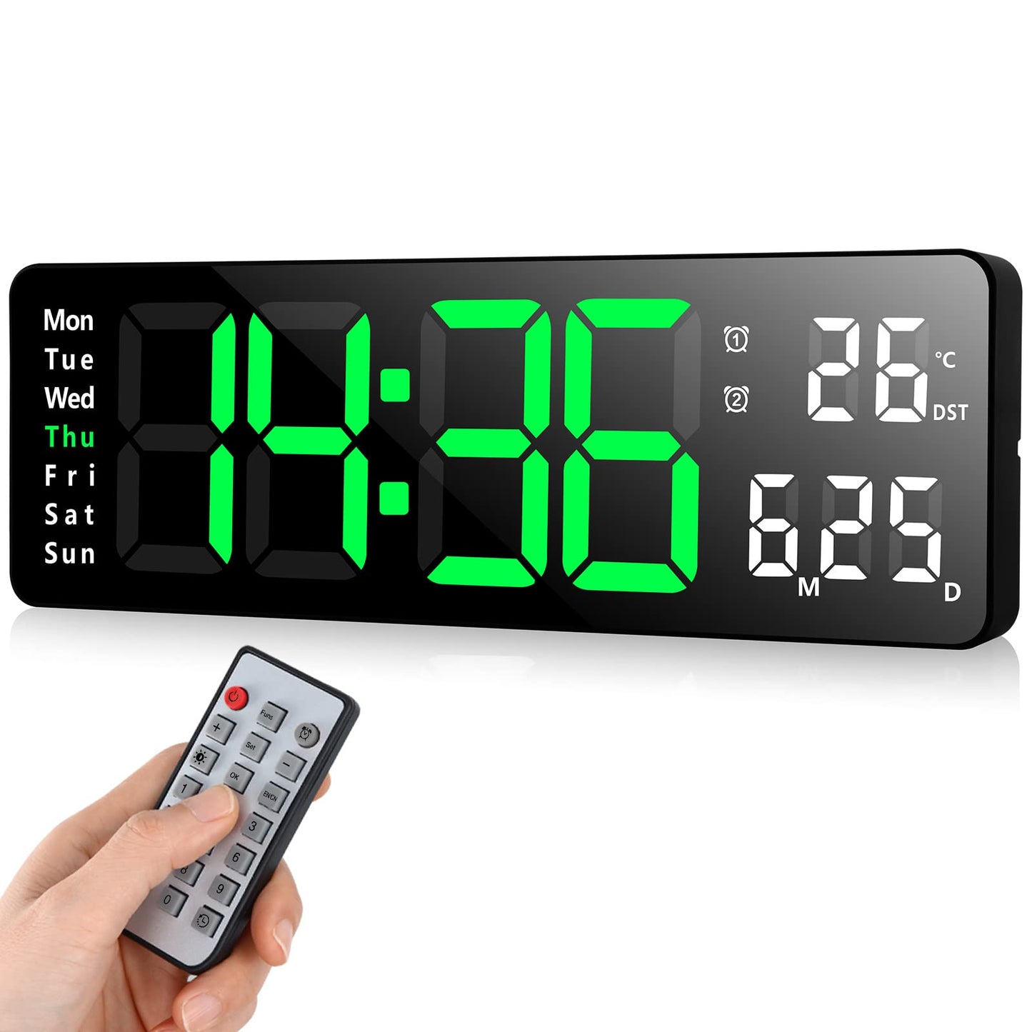 Fuloon Wanduhr Digital, LED Wanduhr mit 13-Zoll-Großdisplay, Digital Wecker mit Fernbedienung, Timing- und Countdown, Tischuhr Digital mit Datum, Woche, Temperatur für Schlafzimmer, Wohnzimmer