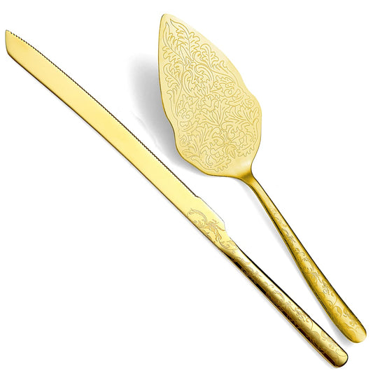 Berglander Gold Hochzeitstorte Messer und Servierset, Titan Vergoldung mit einzigartigem Muster Design Tortenmesser Servierset Perfekt für Hochzeit, Geburtstag, Partys