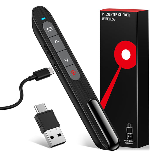 Wiederaufladbare USB C Presenter, 2.4 GHz Kabellose Roter Laserpointer, Hyperlink, Switch Windows, Lautstärkeregelung, 2 Wochen Spieldauer, Batterieanzeige, Präsentation für Windows 7/10/11, Macbook