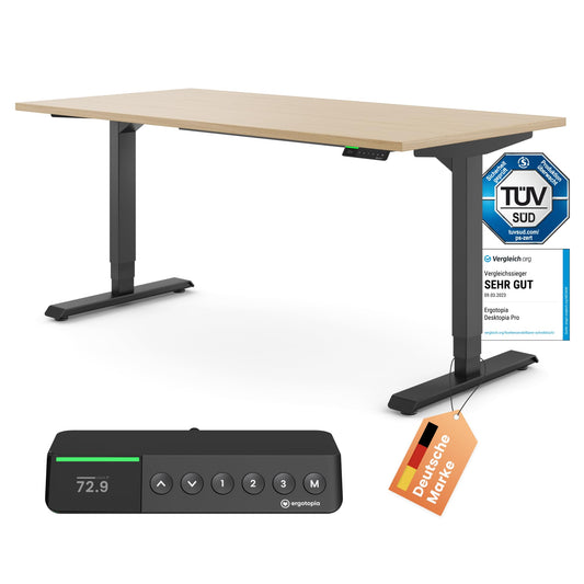 Ergotopia Desktopia Pro X Elektrisch höhenverstellbarer Schreibtisch, Ergonomischer Stehtisch für Büro oder Home Office (Ahorn, Gestell Schwarz, 180 x 80 cm)