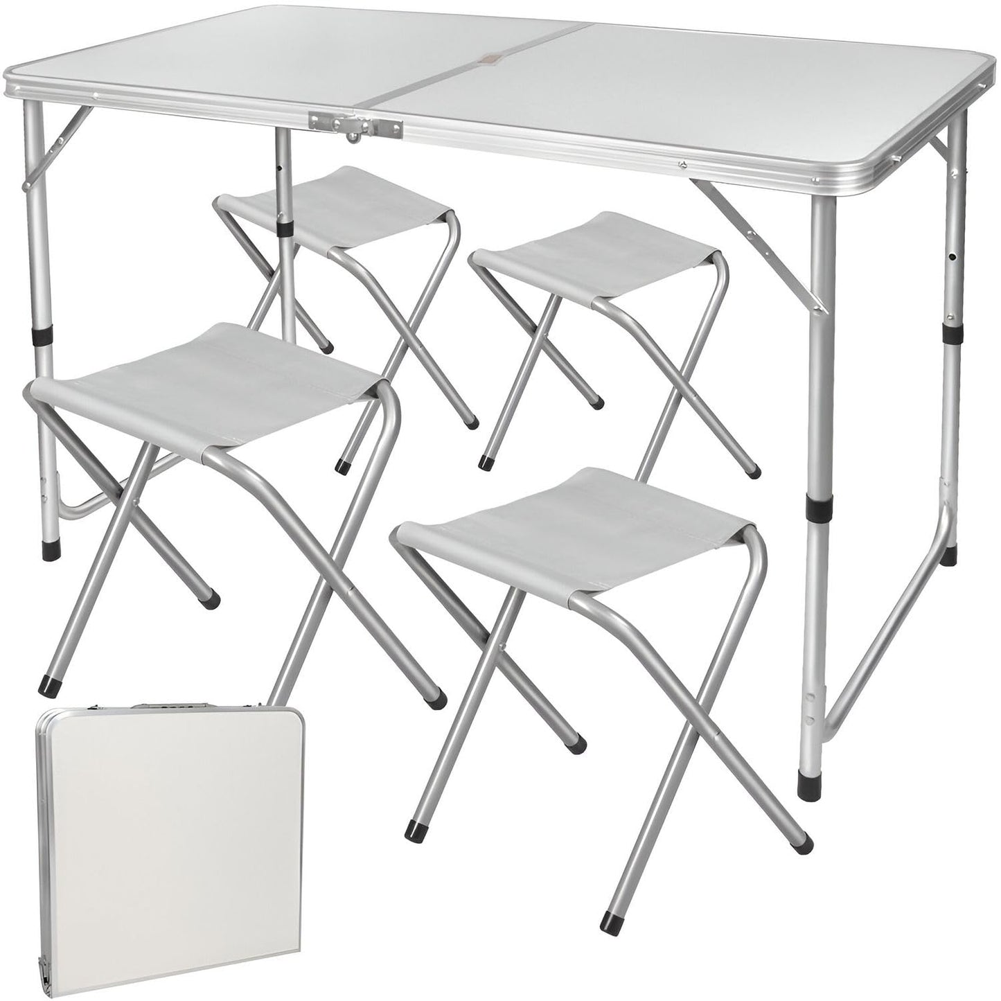 BURI Klapptisch Set mit 4 Stühlen Campingtisch 120 x 60,5 cm Groß - Falttisch Höhenverstellbar Klappbar leicht transportabel - 4 Personen Tisch Mehrzwecktisch für Outdoor, Campen oder Festival