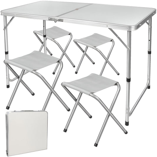 BURI Klapptisch Set mit 4 Stühlen Campingtisch 120 x 60,5 cm Groß - Falttisch Höhenverstellbar Klappbar leicht transportabel - 4 Personen Tisch Mehrzwecktisch für Outdoor, Campen oder Festival