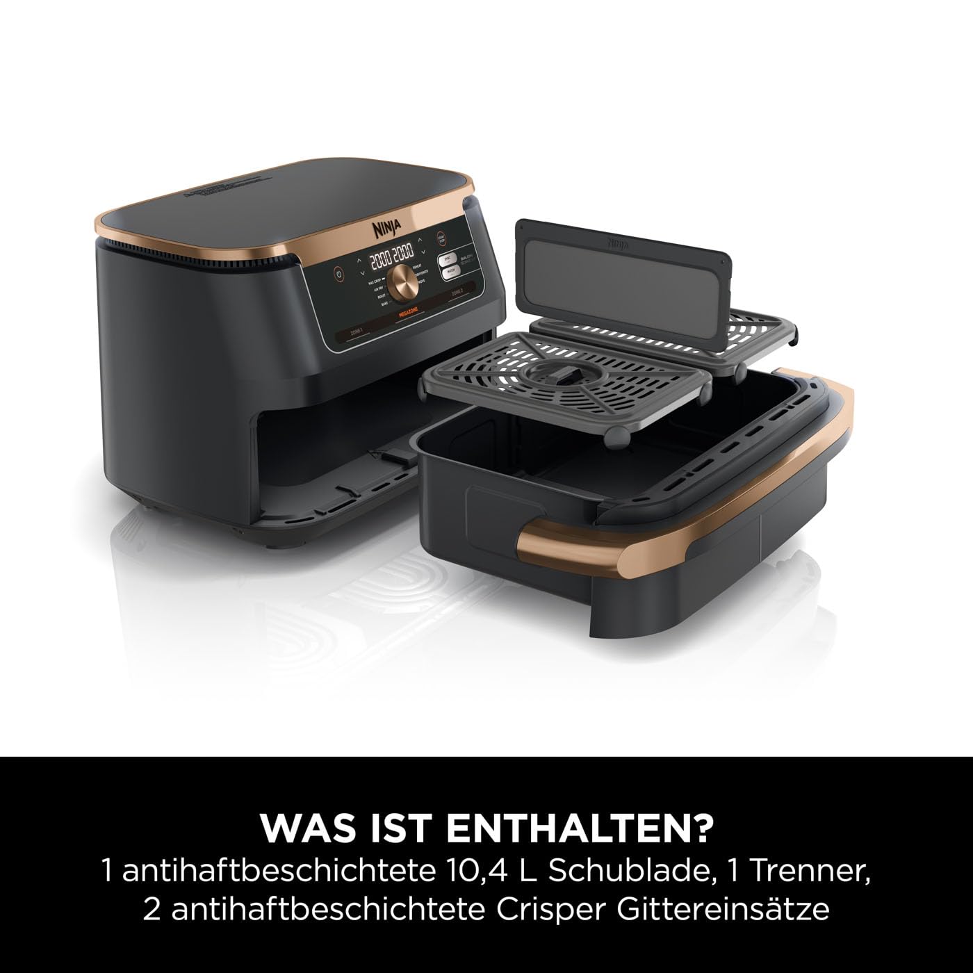 Ninja Foodi FlexDrawer Dual Zone Heißluftfritteuse, Airfryer mit 10,4-Fach und herausnehmbarem Trenner, Antihaftbeschichtung, spülmaschinenfester Korb, 7-in-1, Schwarz & Kupfer, AF500EUCP