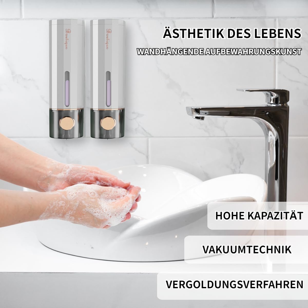Seifenspender Wandbefestigung 2er Set – Ohne Bohren, 450 ml – Nachfüllbarer Duschgel- und Seifenspender mit transparentem Sichtfenster – Ideal für Badezimmer, Waschbecken und Dusche