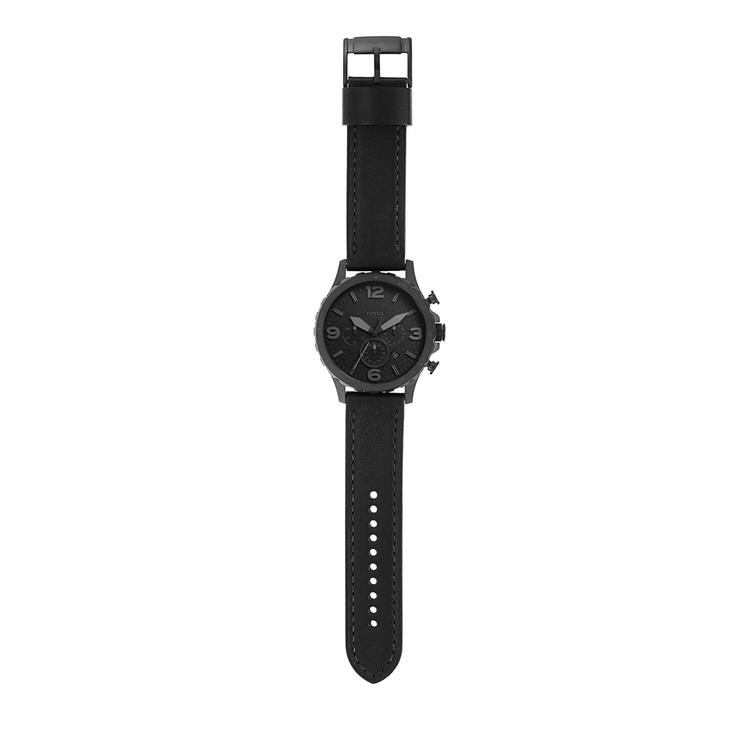 Fossil Nate uhr für Herren, Quarzwerk Chronograph mit Edelstahl- oder Lederarmband, Schwarz, 50MM