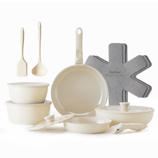 Redchef Topfsets Pfannenset 16-Teilig Antihaft-Keramik-Kochgeschirr-Set mit Abnehmbaren Griffen, Pfanne 20/26cm, Tiefe Bratpfanne 26cm, Topf 18/20cm, Stapelbar Topfset Für alle Herdarten, Ofenfest