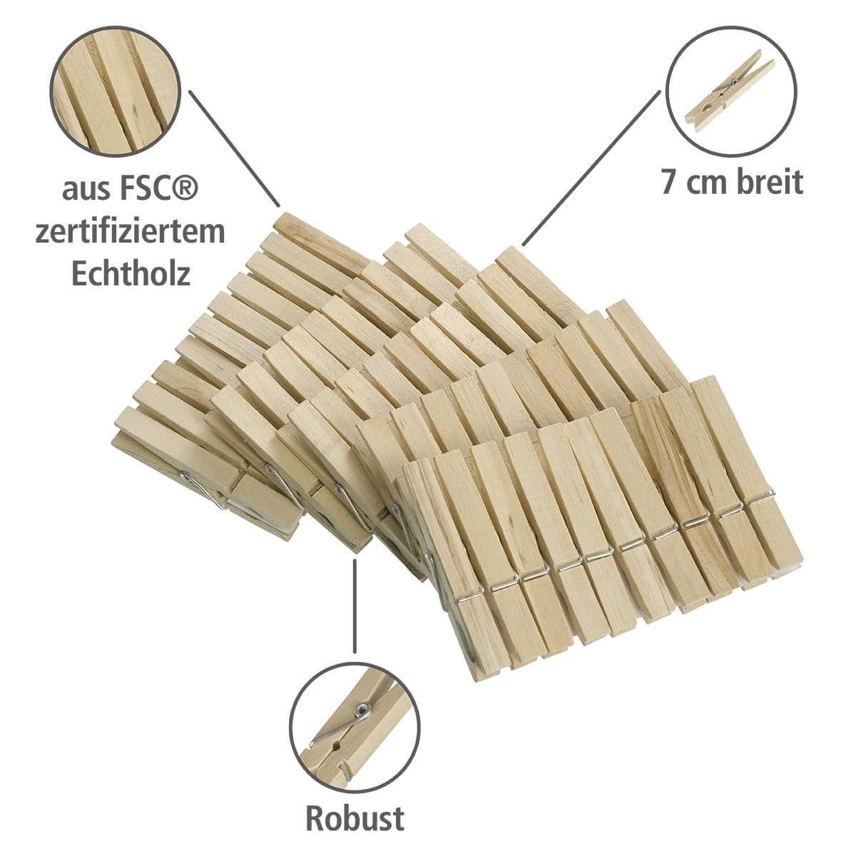 WENKO 50 Wäscheklammern aus FSC® zertifiziertem Holz, umweltfreundliche Holzklammern, Klammern zum Basteln und Dekorieren, je 7 cm, Natur