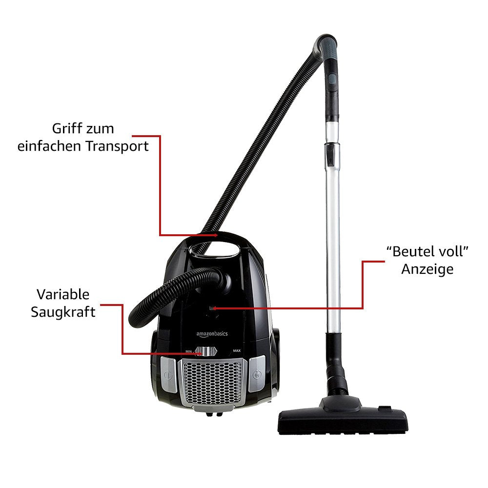 Amazon Basics Staubsauger mit Beutel, leistungsstark, für Hart- und Teppichböden, HEPA-Filter, mit Geschwindigkeitskontrolle, 700 W, 3.0 L, EU, Schwarz