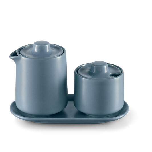 Tchibo Kaffeezubehör, Milch und Zucker-Set, Milchkännchen, Zuckertopf, Tablett, Porzellan (Blau)