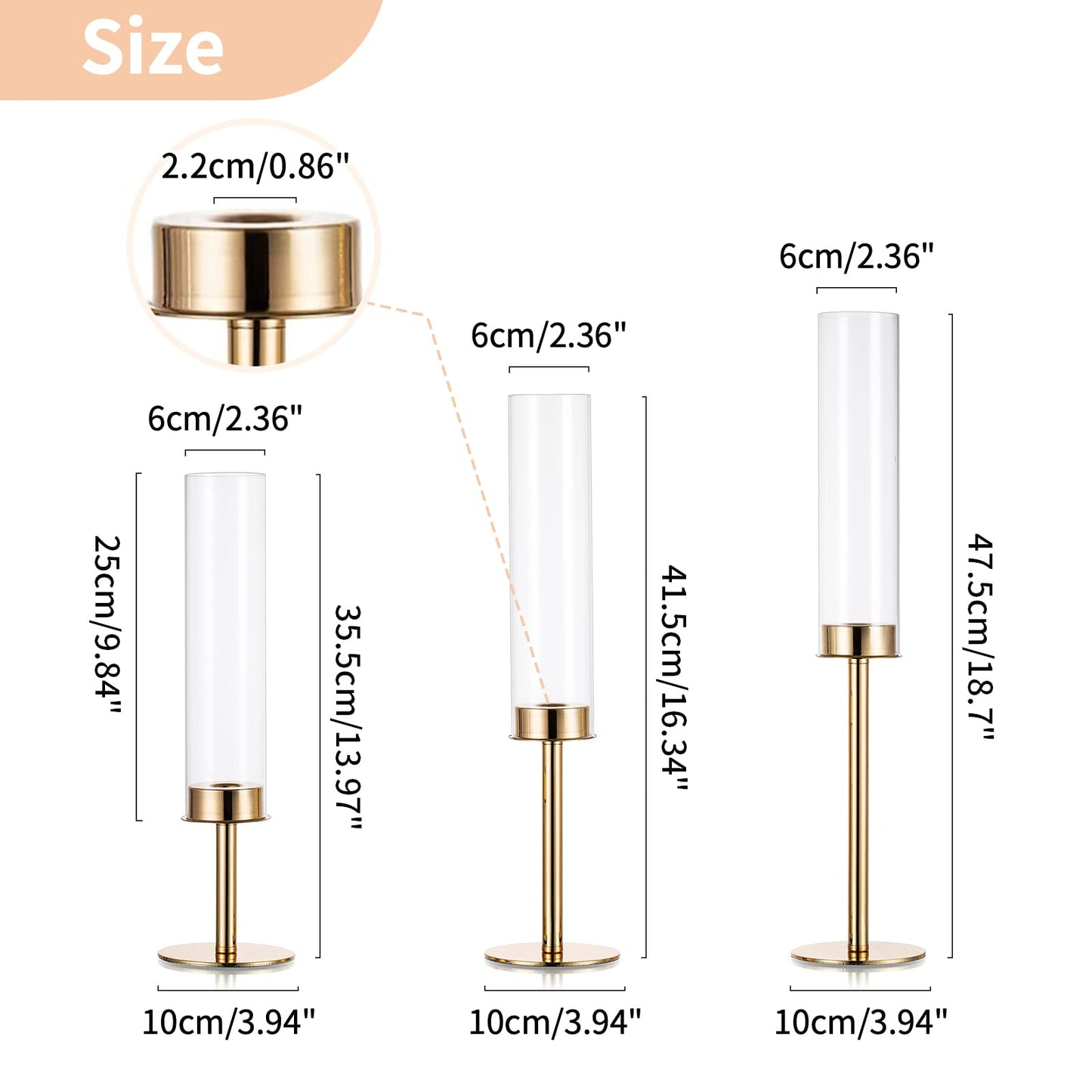 Nuptio Glaszylinder Kerzenständer Metall Gold - 18 Stücke Kegel Kerzenhalter Stabkerze Pack ür Kerzen, Klarglas Hurricane Schatten Spitze Kerzen Modern Hochzeit Weihnachten Tisch Abendessen Kamin