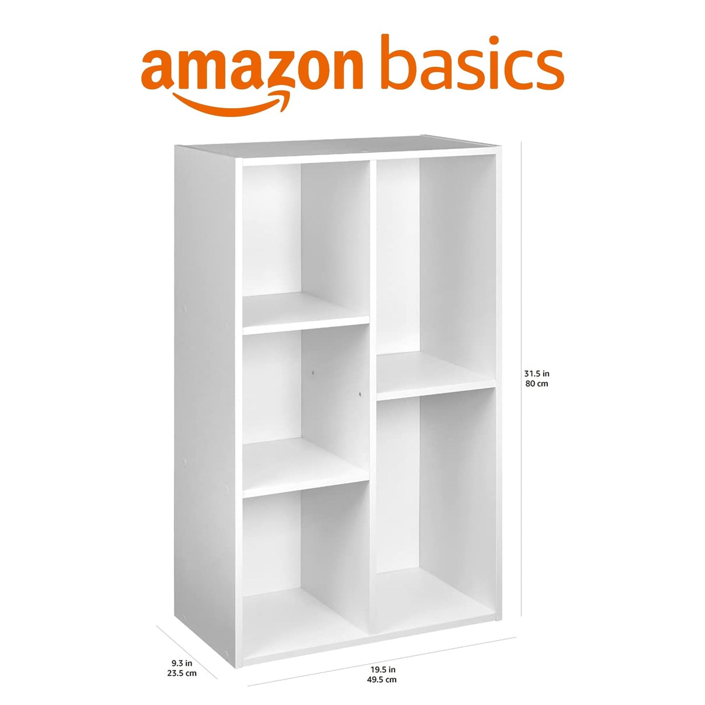 Amazon Basics Bücherregal mit 5 Fächern, Büroregal, Wohnzimmer, Schlafzimmer, Würfel, Weiß, 50 x 24 x 80 cm