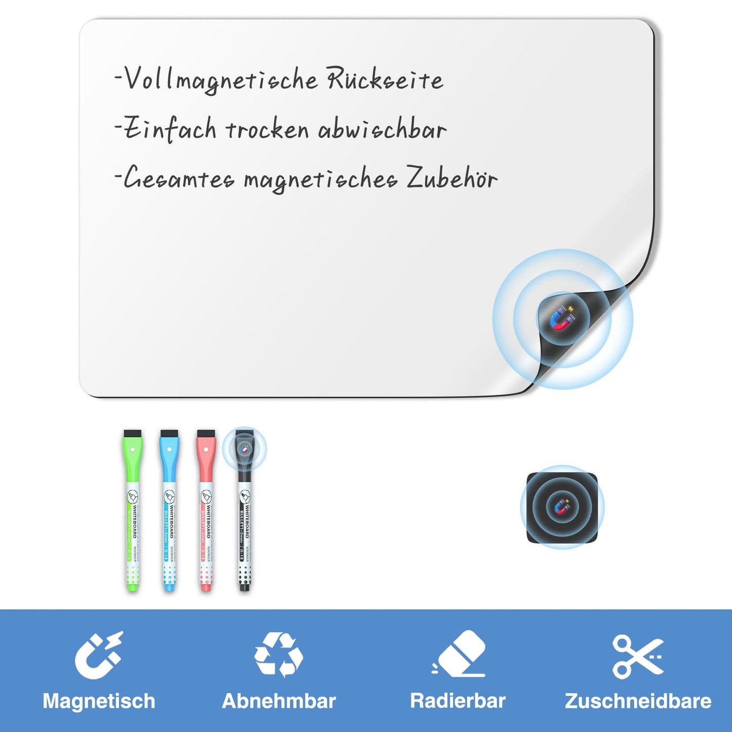 HOMiDEK Whiteboard Folie Magnetisch für Kühlschrank: A4 Magnettafel Für Familie Menü Wochenplaner, Einkaufsliste, to do liste - Klein Magnet White Board mit 3 Markers und Radierer, 20x30cm