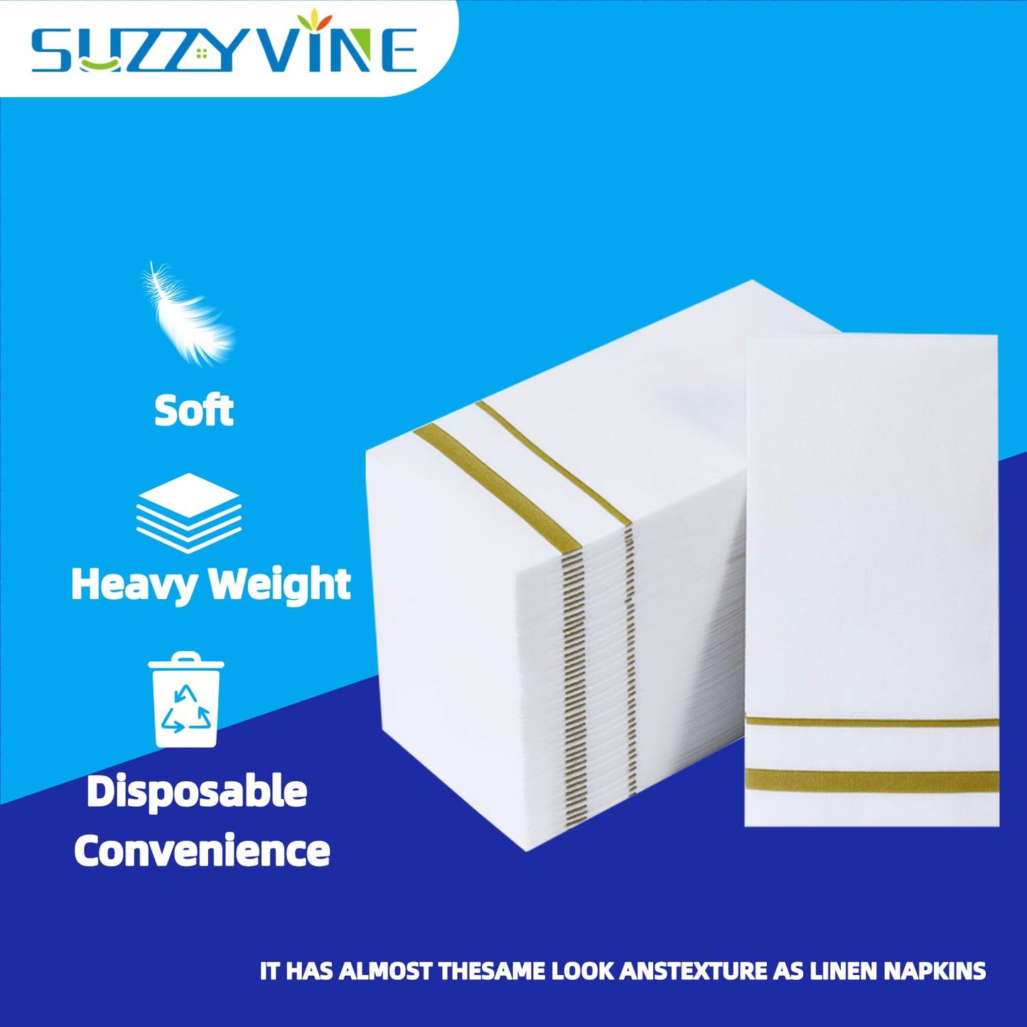 SUZZYVINE Goldene Einweg-Servietten mit integrierter Bestecktasche, Stoffähnliche Lunch-Servietten für Hochzeit, Party, Leinen-Gefühl, 50 Stück, 40,6 x 40,6 cm