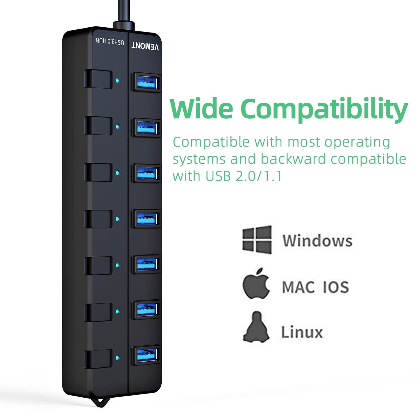 USB 3.0 Hub, VEMONT 7-Port USB Hub USB Splitter mit verlängertem 1.2m Kabel, USB Verteiler mit einzelnen LED Power Schalter für PC/MacBook Air/Pro/Mac Mini/iMac/MacPro/Laptops und weitere USB Geräte