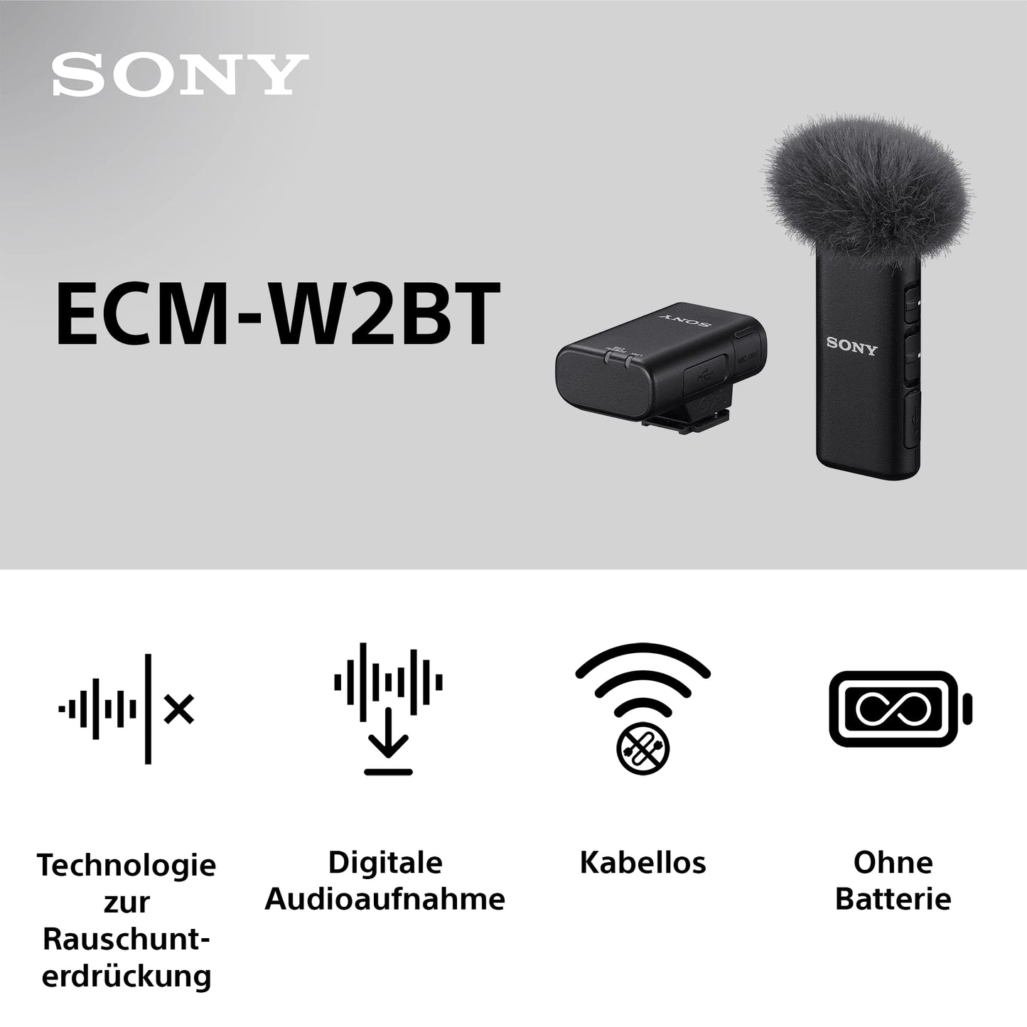 Sony ECM-W2BT, 1 Sender, 1 Empfänger, Kabelloses Mikrofon, 200m Reichweite, 9h Akkulaufzeit, Ideal für Kameras, Geräte mit 3.5mm Audio, Podcast, Streaming, Interviews