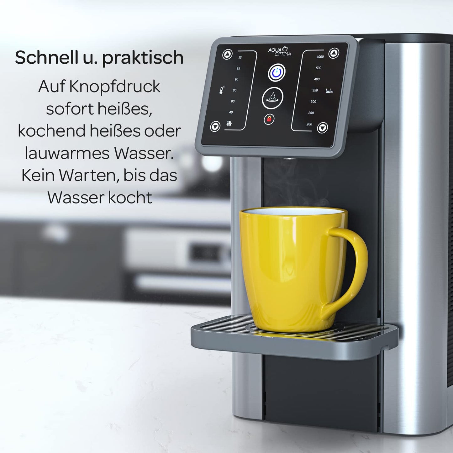 Aqua Optima Aurora Instant-Heißwasserspender, 3,8 Liter Fassungsvermögen, 49 Volumen- und Temperaturoptionen, mit Wasserfilter zur Reduzierung von Mikroplastik Verunreinigungen, Schwarz & Silber