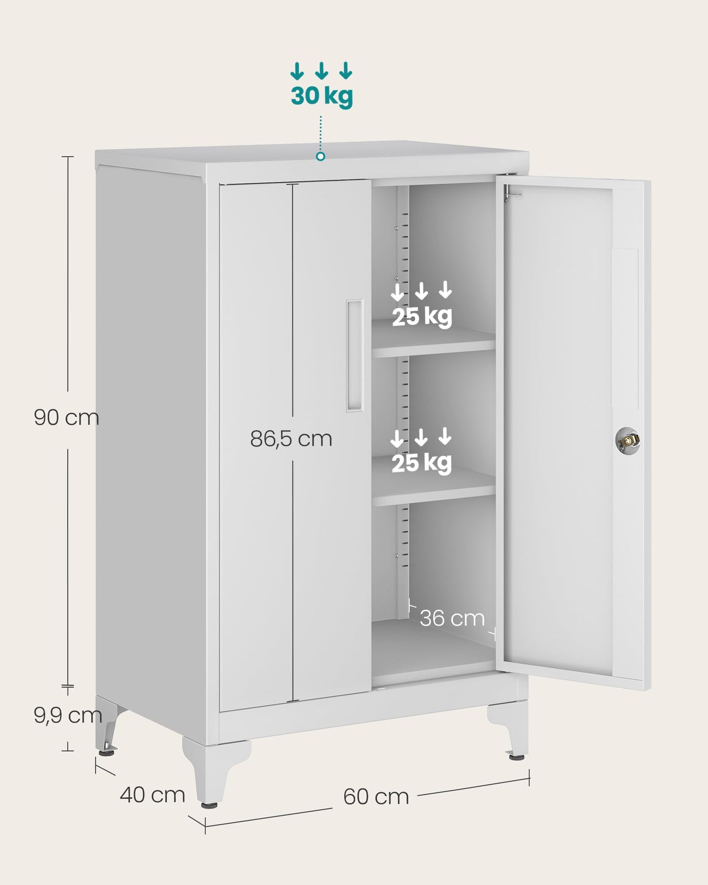 SONGMICS Aktenschrank, Mehrzweckschrank, Büroschrank mit 2 Türen, Schrank abschließbar, Aufbewahrungsschrank aus Stahl, für Arbeitszimmer, Wohnzimmer, mattgrau OMC012G01