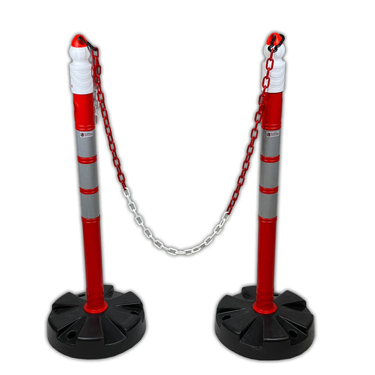 UvV Duo 2 x Kettenpfosten Kettenständer inkl. 5 Meter Kette - Absperrpfosten, Ø63 x 1000mm, schwere Fußplatte ca. 5 kg, gut sichtbar mit Klasse 2 Reflexfolie