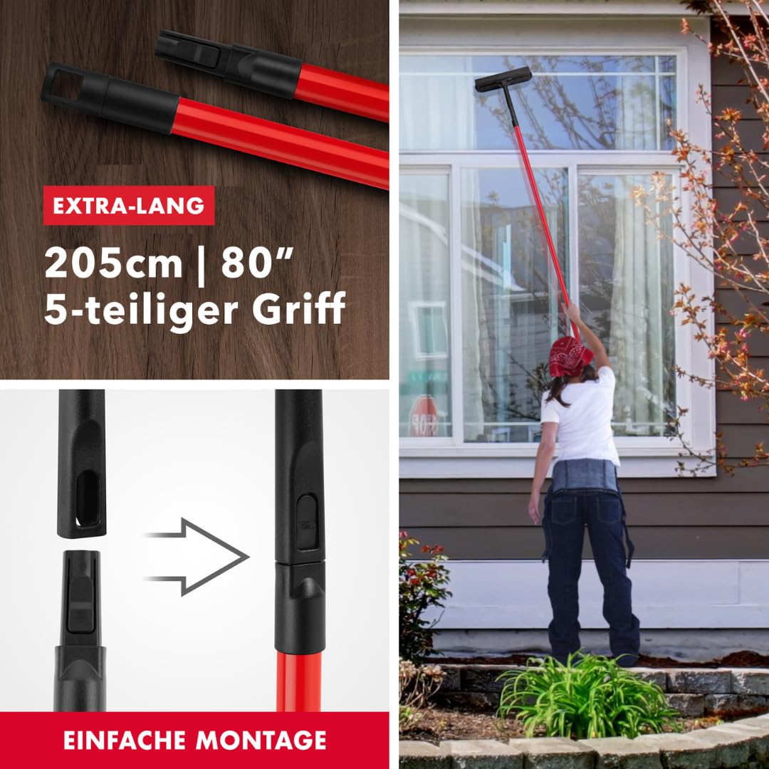 Tyroler 2-in-1 Fensterwischer mit Teleskopstiel | 30-205 cm Teleskopstange Fensterreinigung | 100% Naturkautschuk Teleskop Fensterwischer | 5-teiliger Griff Profi Fensterputzer Teleskop Set