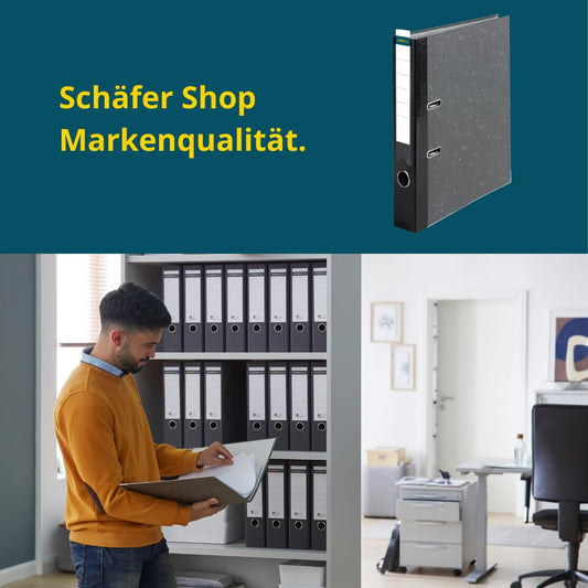 SCHÄFER SHOP Ordner DIN A4 breit – 5 cm Ordnerrücken mit Einsteckrückenschild - Ringbuch Aktenordner Büroordner - Made in Germany - Wolkenmarmor schwarz, 10er Pack