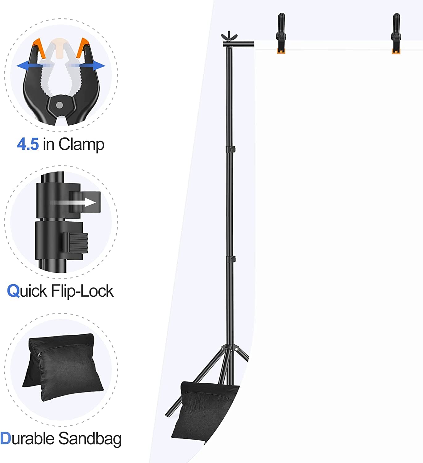 EMART Foto Hintergrund Ständer, 2x3m Verstellbarer Hintergrundsystem mit 8 Hintergrundklemmen, 2 Sandsack für Fotostudio Porträt Produktfotografie Studiofotografie, aus Metall