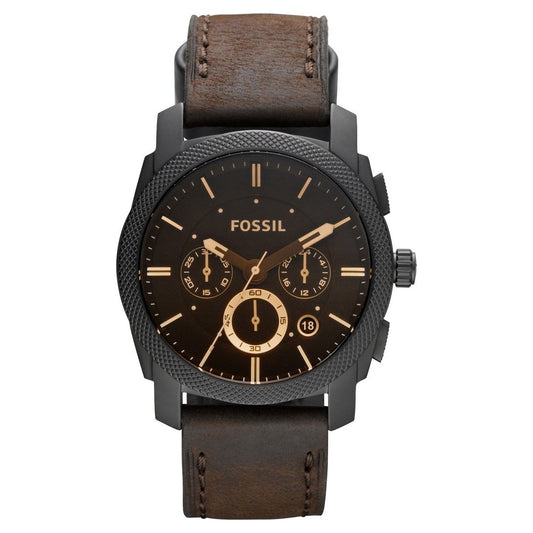 Fossil Machine uhr für Herren, Chronographenwerk mit Edelstahl- oder Lederarmband, Schwarz und Braun, 42MM