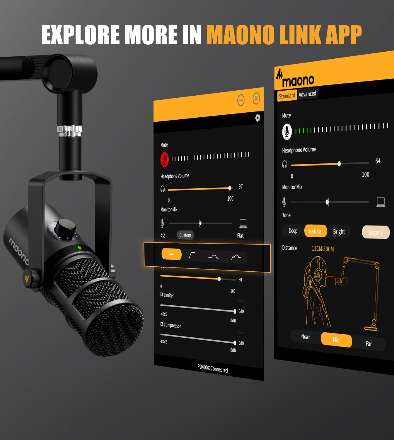 MAONO Dynamisches Mikrofon, USB/XLR-Podcast-PC-Mikrofon mit Software, EQ, Tap-to-Mute, Gain-Regler und Lautstärkeregler, Studiomikrofon für Rundfunk, Aufnahme, Streaming und Gaming (PD400X)