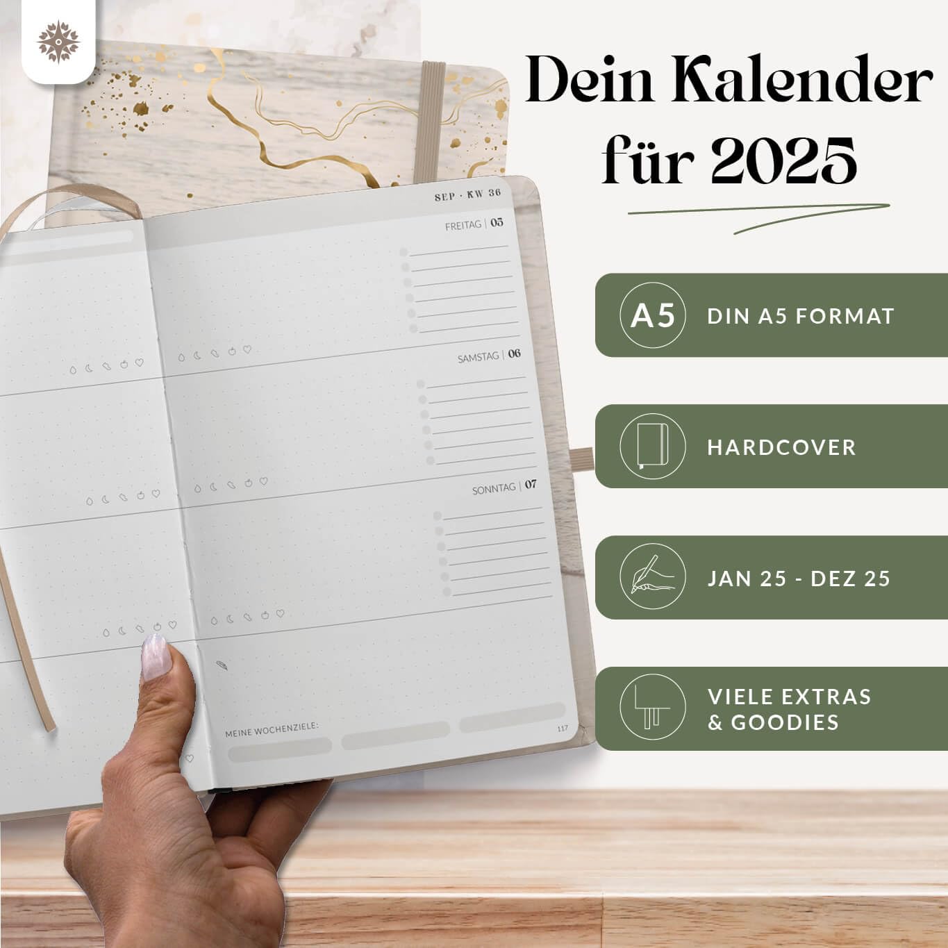 Lebenskompass Kalender 2025 Buchkalender A5 "STRAND" - Schöner Wochenplaner 2025 & Terminkalender 2025 - stabiles Hardcover mit edler Folienprägung