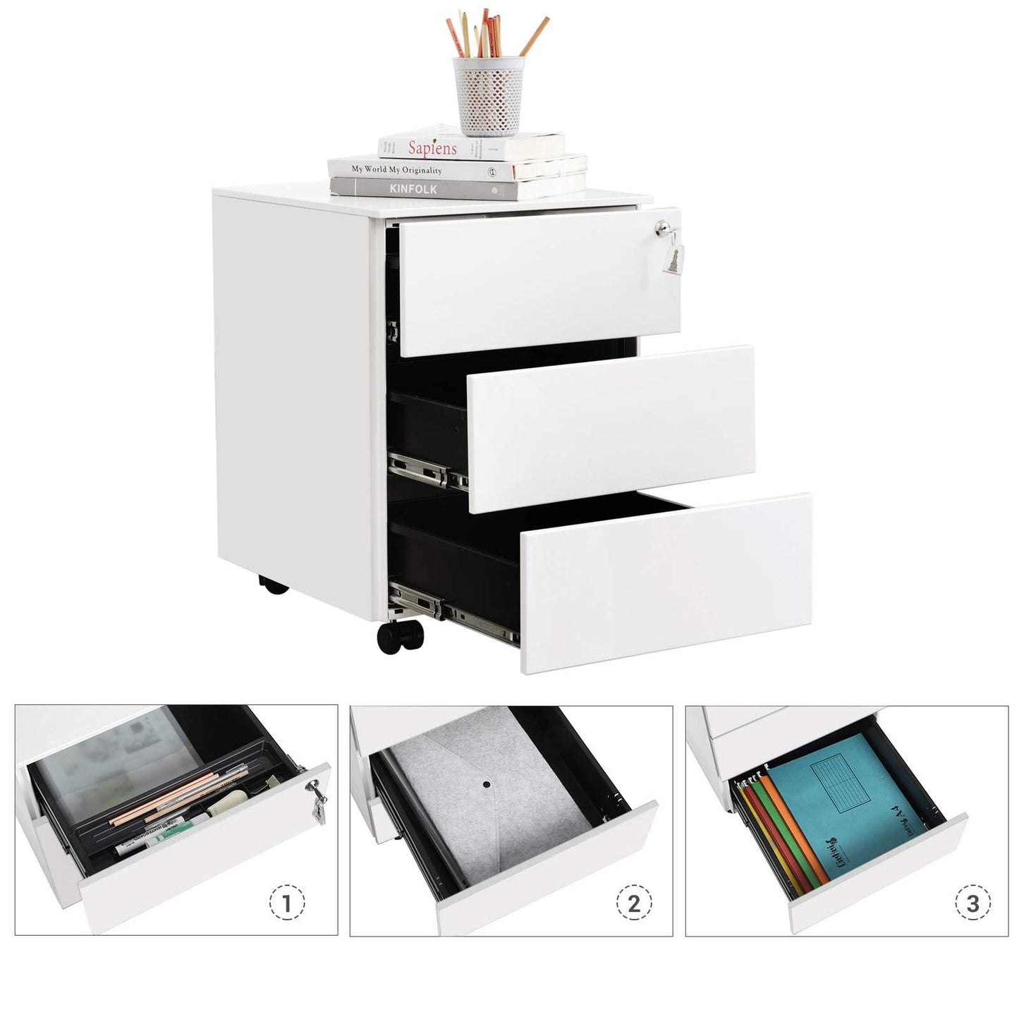 SONGMICS Rollcontainer, Metallschrank, mobiler Aktenschrank, Druckertisch, abschließbar, 3 Schubladen, Unterschrank, vormontiert, Büro, Homeoffice, 45,1 x 39 x 53,8 cm, wolkenweiß OFC63WT