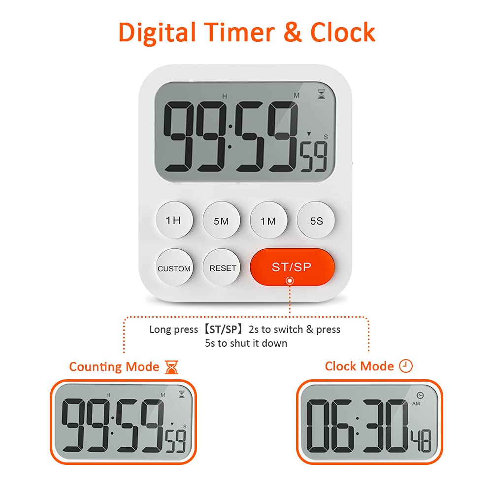 LIORQUE Digitaler Küchentimer Magnetisch Stoppuhr Timer mit Uhr, Magnet, 3-stufiger Lautstärke, LCD Anzeige für Kochen, Sport, Studieren, 2 AAA Batterien inklusive Rot