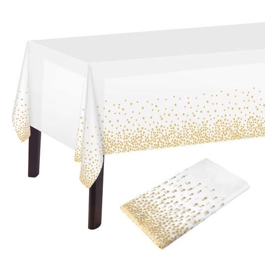 PLULON Weiß und Gold Dot Tischdecke Weiß und Gold Tischdecke 137 x 274 cm Kunststoff Rechteck Tischdecke für Weiß und Gold Party Geburtstag Tischdekoration