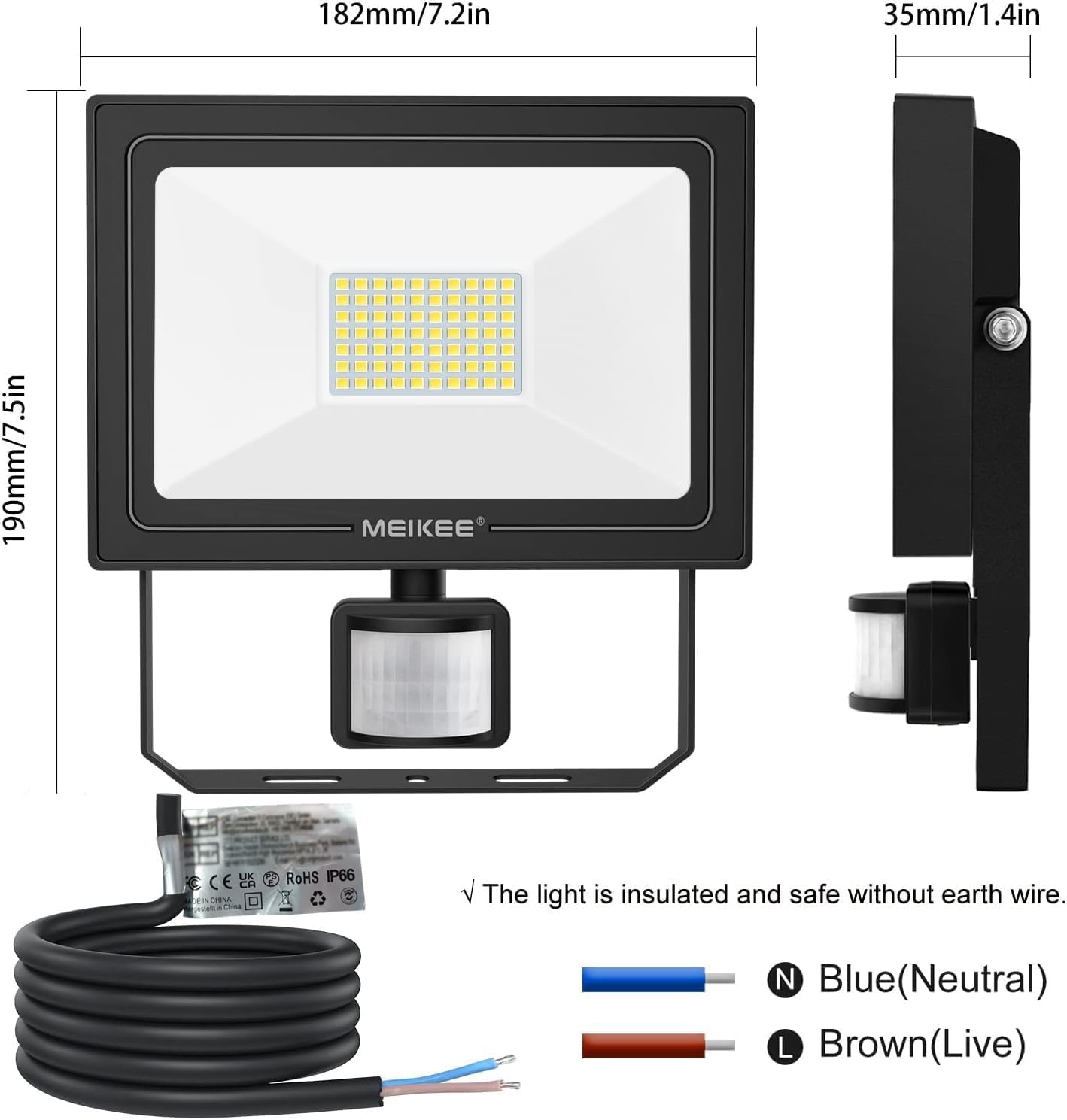 MEIKEE 60W LED Strahler mit Bewegungsmelder 5200LM 6500K Kaltweiß LED Fluter IP66 Wasserdicht Außenleuchte Scheinwerfer Licht Wandleuchte für Garten Garage Sportplatz Hinterhof